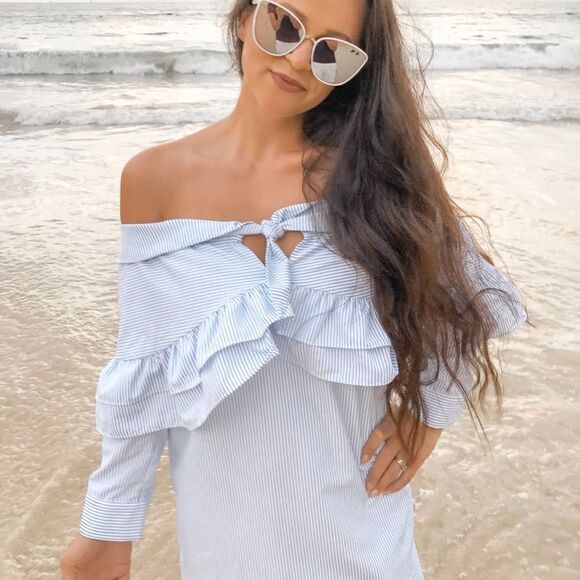 English Factory Off the Shoulder Ruffle Mini Dress || SZ S || Powder Blue - Picture 5 of 14